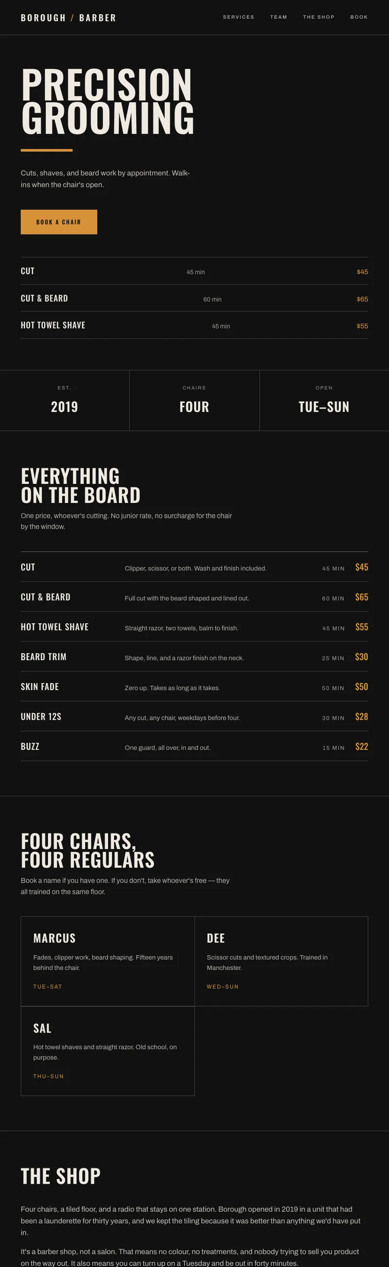Borough Barber concept site design, full page.
